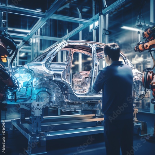 An engineer, the creator of the automobile industry, who works in a workshop at a modern plant of the heavy metallurgical industry, generation ai