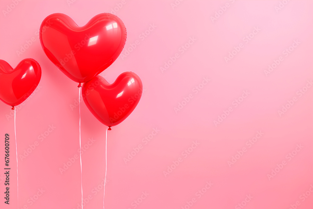Image of three red heart-shaped helium balloons with a different size floating with a pink background behind them, love is in the air, Valentines Day theme, copy space right