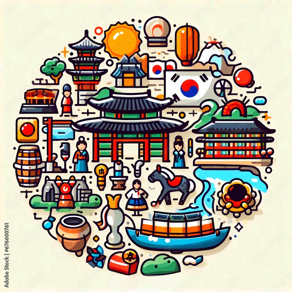 Korean customs and landmarks in one circle.