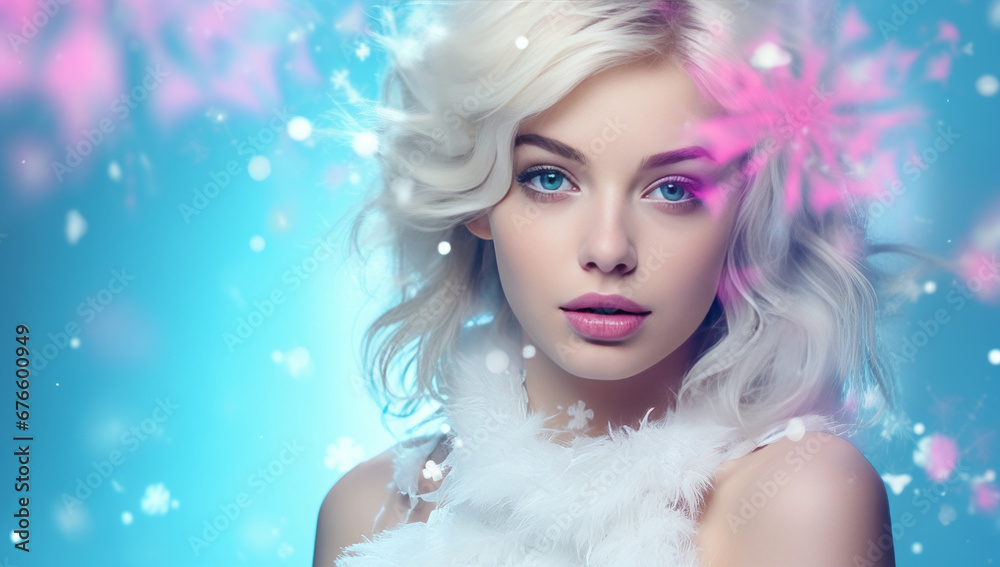 Portrait of a beautiful young girl with snowfall and snowflakes in the background. Concept of fashion, winter, beauty.