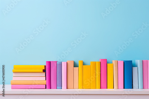Small library, books in pastel rainbow colors. The concept of education, reading and learning.