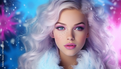 Portrait of a beautiful young girl with snowfall and snowflakes in the background. Concept of fashion  winter  beauty.