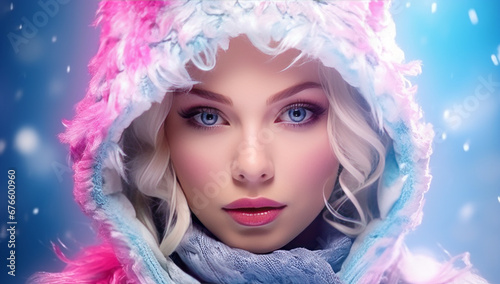 Portrait of a beautiful young girl in a knitted winter hat with snowfall and snowflakes in the background. Concept of fashion, winter, beauty.