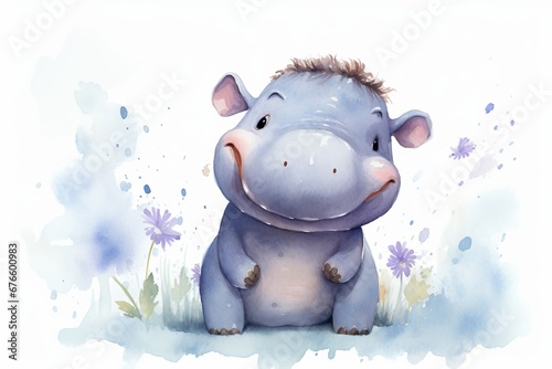 Watercolor Drawing of a happy Hippo Generative Ai