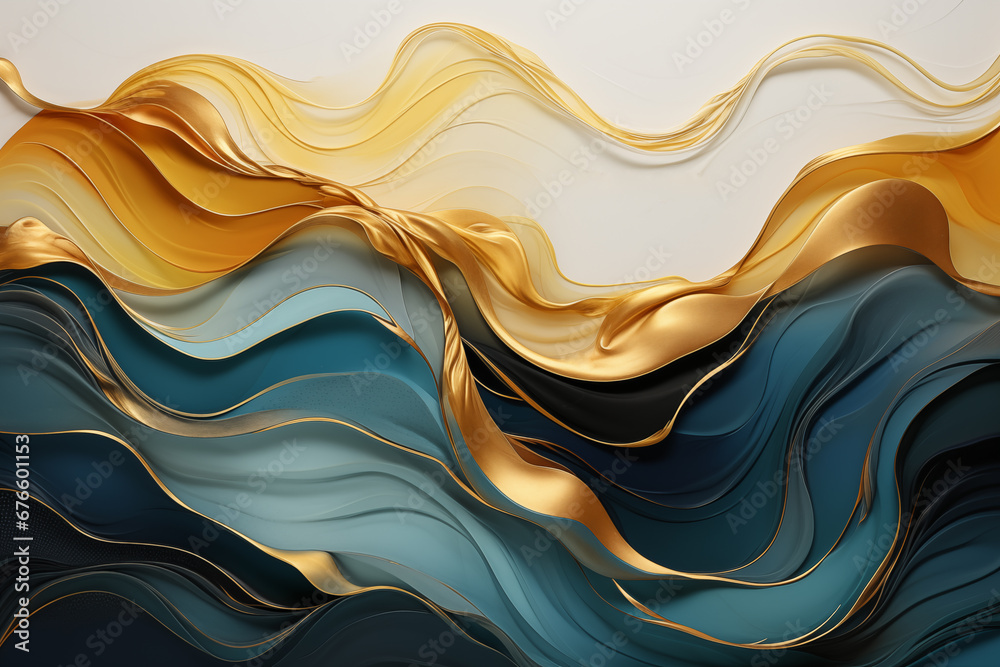 Abstract gold waves with blue, aqua, teal, yellow isolated textured ...