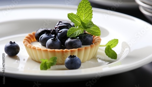 Delicious tartlet with fresh and plump blueberries elegantly placed on a pristine white plate