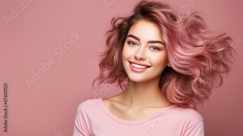 Smiling mature woman with healthy skin and gray hair touching face on pastel background
