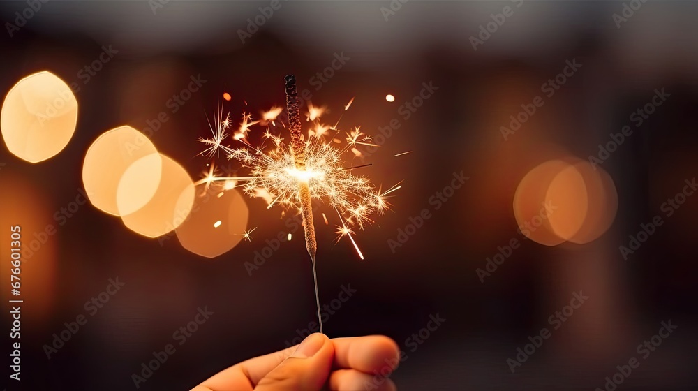 Closeup view of a sparkler with a bokeh background, concept of celebration - obrazy, fototapety, plakaty 