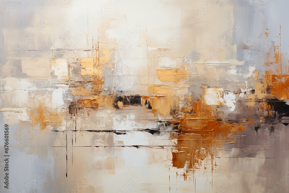 An abstract painting in beige, ivory and gold, in the style of metallic rectangles, soft and dreamy tones, thick layers of paint, packed with hidden details, soft shading, weathered materials, hard ed
