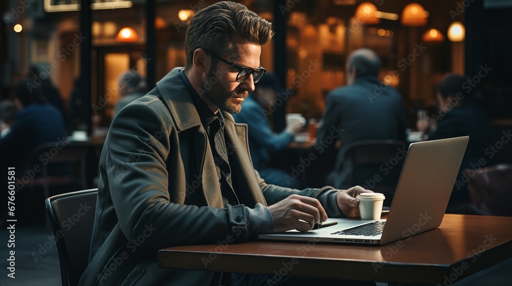 Businessman working on laptop, girl freelancer or student with computer in cafe, looking at camera Businessman working on laptop, girl freelancer or student with computer in cafe, looking at camera