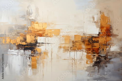 An abstract painting in beige, ivory and gold, in the style of metallic rectangles, soft and dreamy tones, thick layers of paint, packed with hidden details, soft shading, weathered materials, hard ed