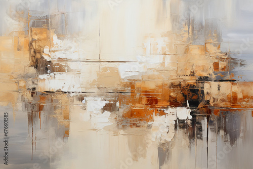 An abstract painting in beige, ivory and gold, in the style of metallic rectangles, soft and dreamy tones, thick layers of paint, packed with hidden details, soft shading, weathered materials, hard ed