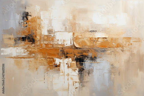 An abstract painting in beige, ivory and gold, in the style of metallic rectangles, soft and dreamy tones, thick layers of paint, packed with hidden details, soft shading, weathered materials, hard ed