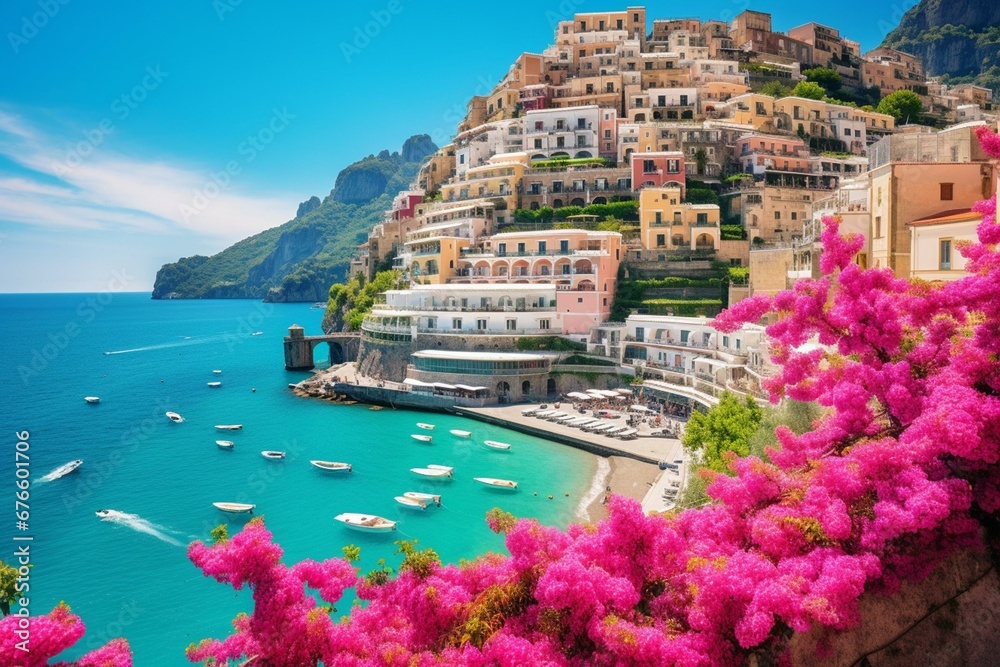 Scenic view of Positano village on the Amalfi Coast in Italy. Generative AI