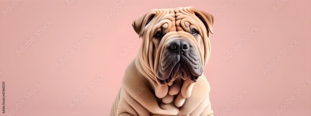 Studio portraits of a funny Shar Pei dog on a plain and colored background. Creative animal concept, dog on a uniform background for design and advertising.