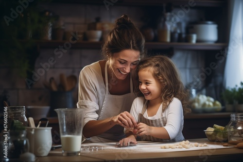 Mother cooking with daughter. Family relationships. Mother having fun with daughter, cooking in kitchen.