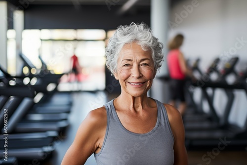 Portrait of senior woman working out gym fitness, fitness concept. Senior healthy lifestyle with fitness gym and healthy life middle aged woman © evgenia_lo