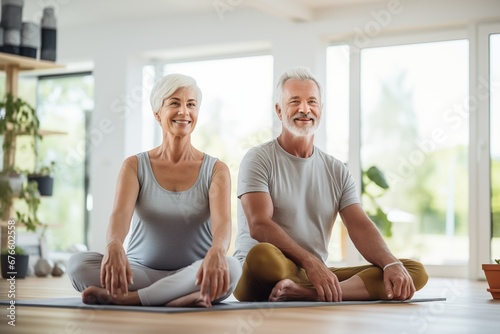 The senior couple is doing fitness yoga training at home. Doing yoga together. Healthy active lifestyle on retirement and sport concept
