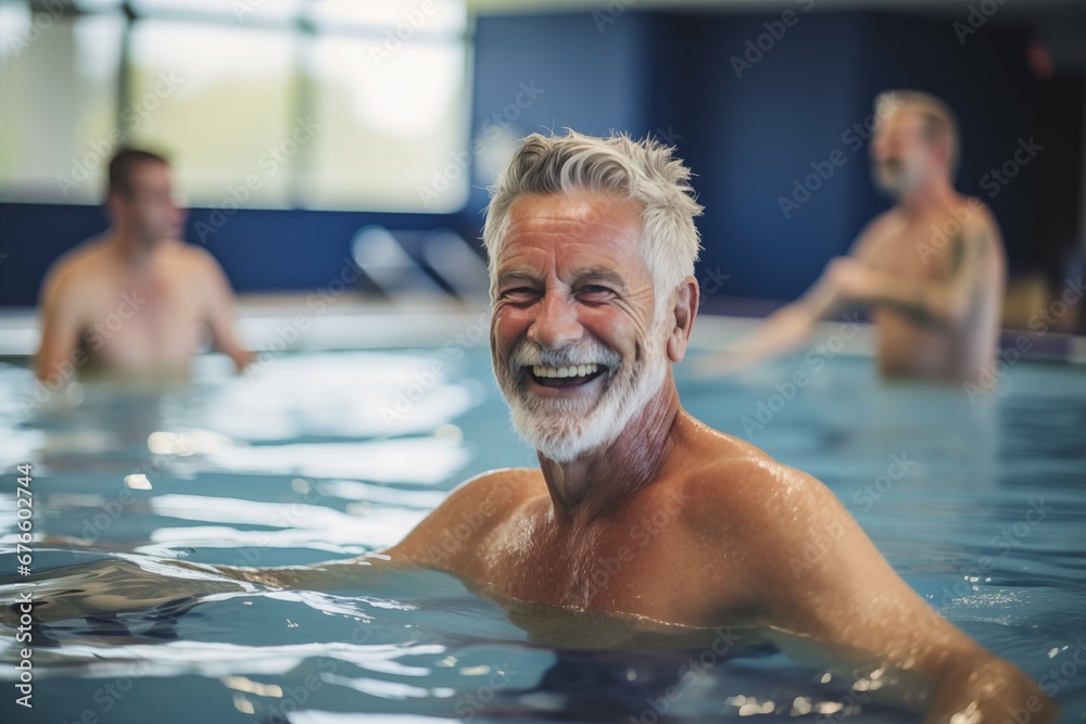 Fototapeta premium Elderly people doing exercise in swimming pool, seniors practicing water aerobics in pool. 