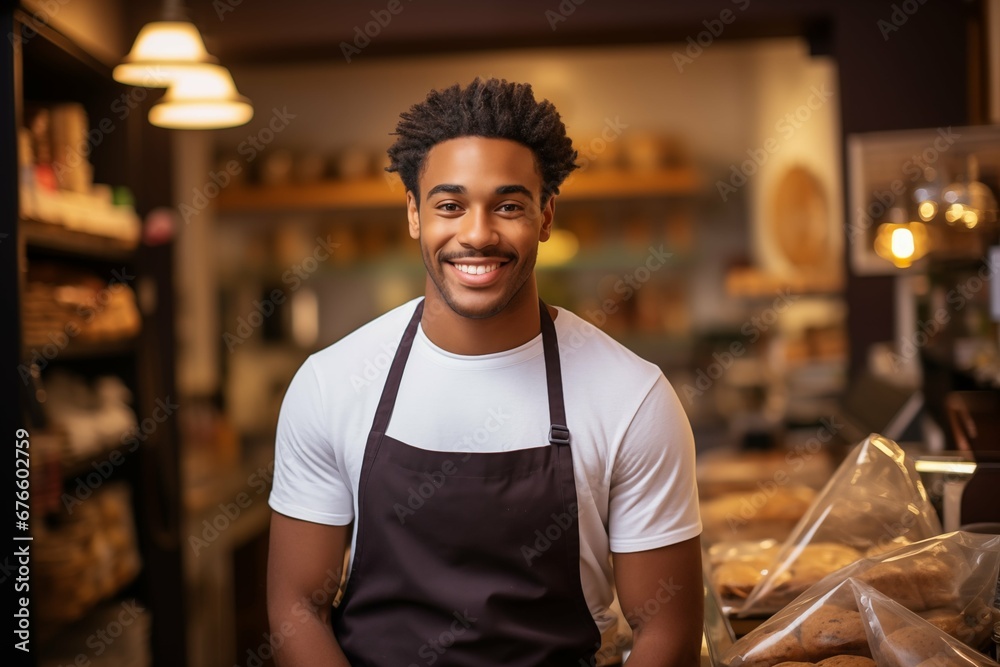 Young black male home baked goods seller standing in his shop. - obrazy, fototapety, plakaty 