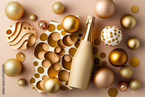 New Year and Christmas background with champagne bottle and golden decorations. Flat Lay. Generative AI