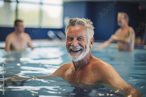 Elderly people doing exercise in swimming pool, seniors practicing water aerobics in pool.  © evgenia_lo