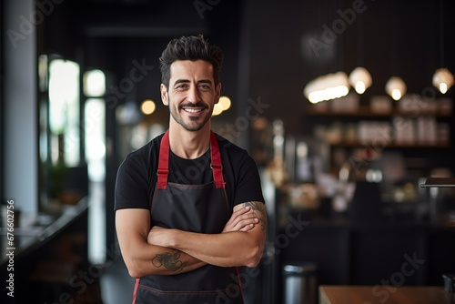 Portrait of a handsome barista in apron standing at a modern coffee shop, Small business owner, entrepreneur