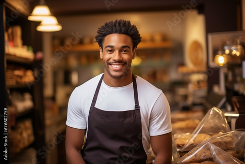 Young black male home baked goods seller standing in his shop.