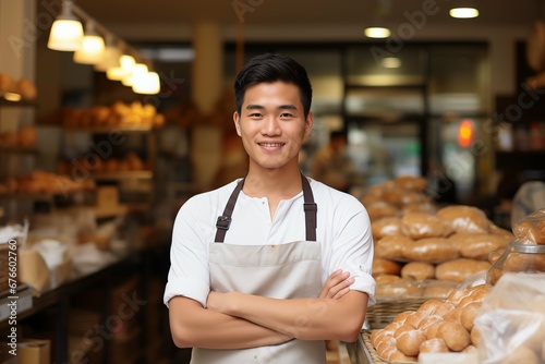 Young asian male home baked goods seller standing in his shop.