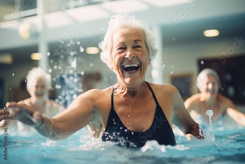 Elderly women doing exercise in swimming pool, seniors practicing water aerobics in pool.  photo