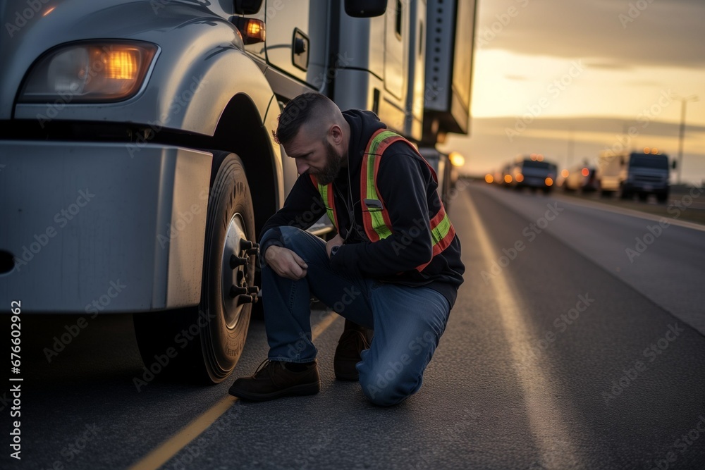 Semi truck driver pulls over on highway and fixes something under his truck - obrazy, fototapety, plakaty 