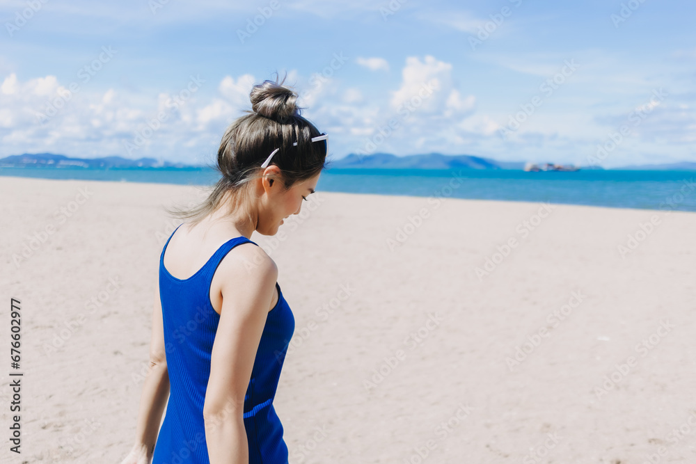 Portrait of asian woman feeling hot and burn from the sun on sunny beach. Portrait of asian woman feeling hot and burn from the sun on sunny beach.