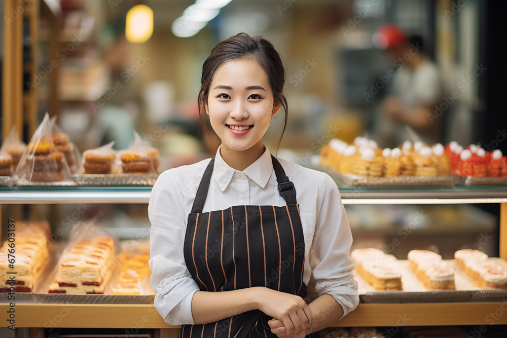 Young asian woman home baked goods seller standing in her shop.