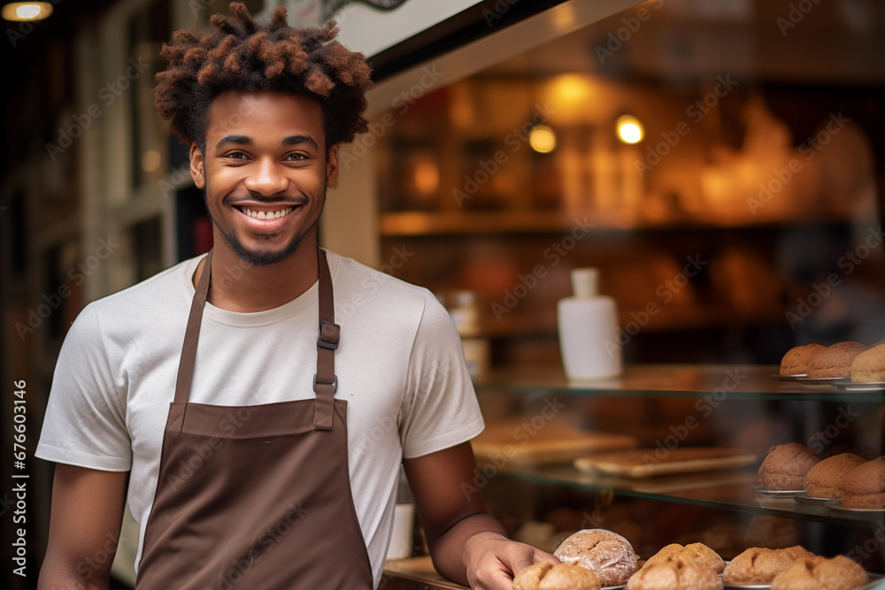 Young black male home baked goods seller standing in his shop. Young black male home baked goods seller standing in his shop.
