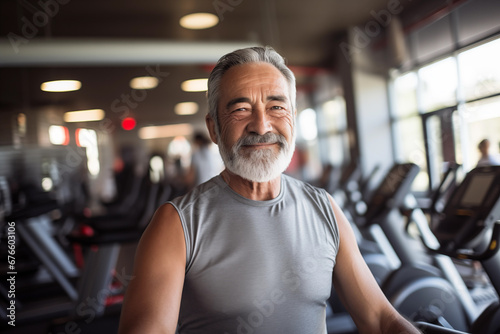 Portrait of senior man working out gym fitness, fitness concept. Senior healthy lifestyle with fitness gym and healthy life middle aged man