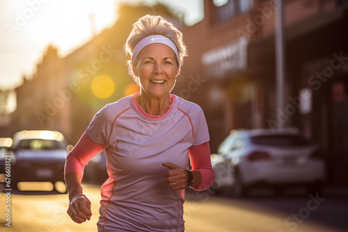 Senior woman going for a run and living a healthy lifestyle for longevity photo
