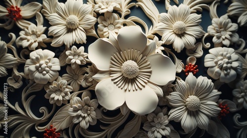 From above, a 3D illustration of a flower arrangement composed of several types and sizes of flowers and other floral elements