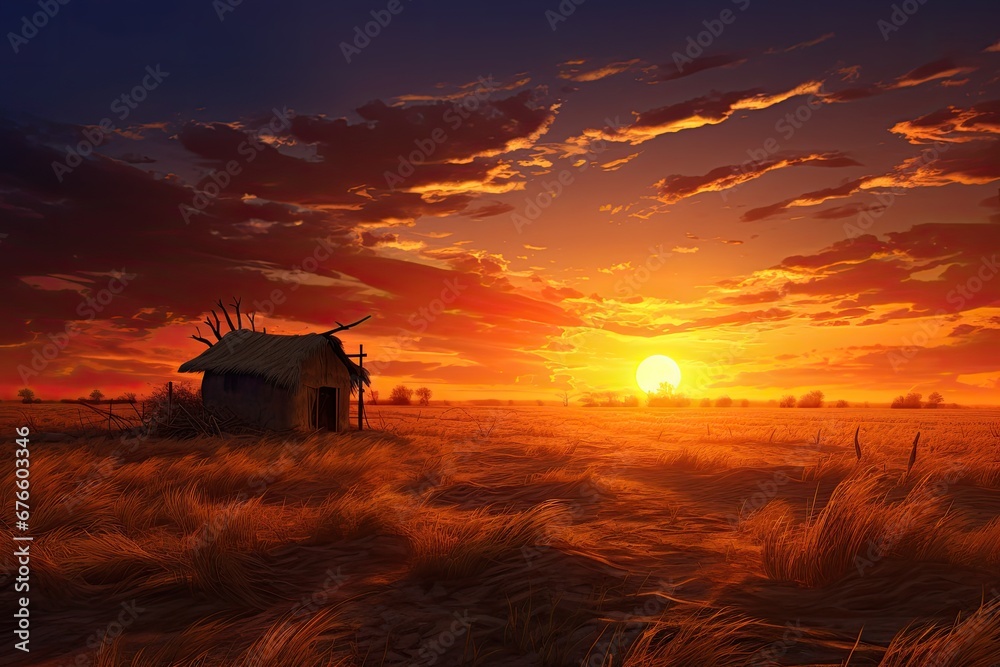 Sunset on a wheat field with a peasant hut