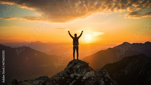Silhouette of business male stand and feel happy on the most hight at the mountain on sunset  success  leader  teamwork  target  Aim  confident  achievement  goal  on plan  finish  generate by AI