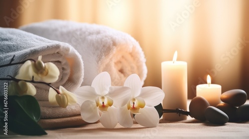 Beautiful spa treatment composition such as Towels  candles  essential oils  Massage Stones on light wooden background. blur living room  natural creams and moisturizing Healthy lifestyle  body care 