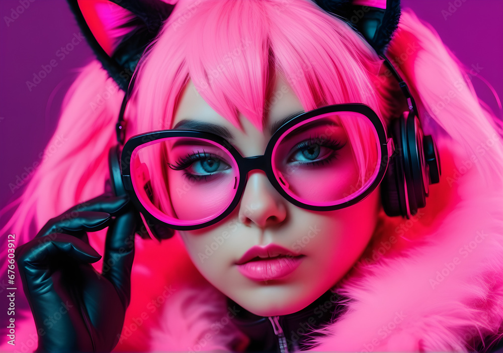 Cyberpunk neon pink catgirl. Fetish fashion. Furry cat woman ears and glasses. AI Generative