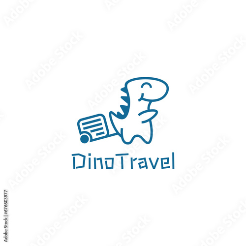 Logo design with the shape of a cute dinosaur character carrying a travel bag. Suitable for tour and travel business