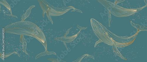 Blue art background with golden whales hand drawn in line art style. Animalistic banner for decoration, print, textile, wallpaper, interior design, poster, packaging.