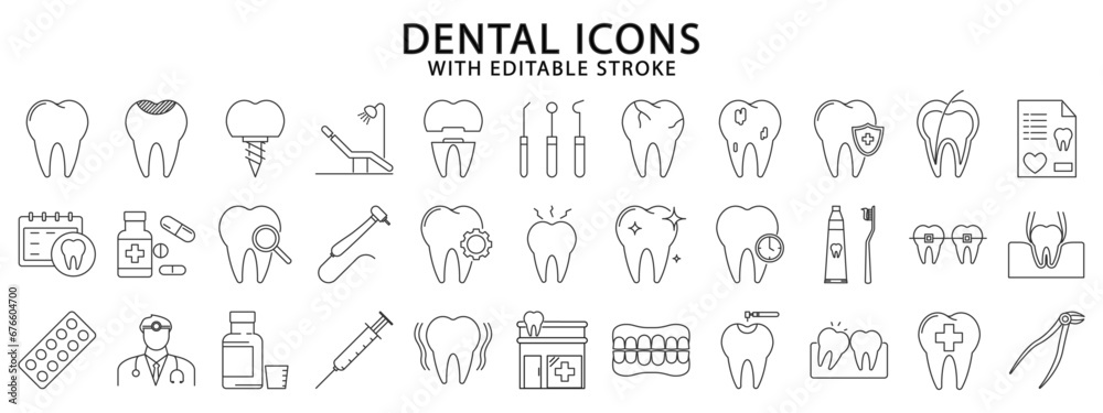 Dental icons. Dental icon set. Dental icons. Vector illustration. Editable stroke.