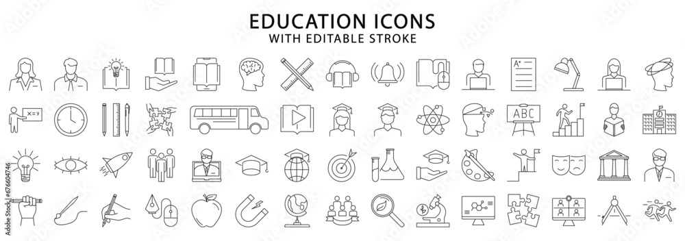 Education icons. Education icon set. Education line icons. Vector illustration. Editable Stroke.