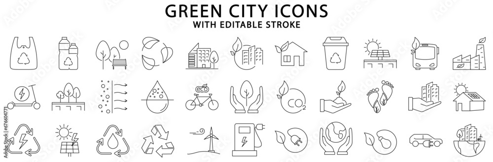Green city icons. green city icon set. Green city line icons. Vector illustration. Editable stroke. - obrazy, fototapety, plakaty 