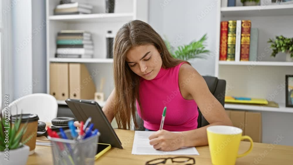 Stunning young hispanic woman boss conquers business hurdles, engrossed in writing document on touchpad amid office room ambiance. celebration of elegance, success, diligence on the job. Stunning young hispanic woman boss conquers business hurdles, engrossed in writing document on touchpad amid office room ambiance. celebration of elegance, success, diligence on the job.