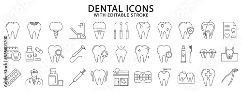 Dental icons. Dental icon set. Dental icons. Vector illustration. Editable stroke.