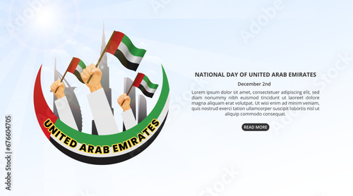 United Arab Emirates National Day background with waving flags and silhouette buildings