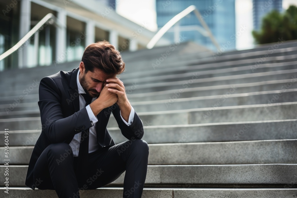 A business man being depressed in front of an office building sitting on the stairs. A business man being depressed in front of an office building sitting on the stairs.